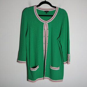 Talbots Green Pearl Button Down Cardigan Sweater Women 1X Green Pink Trim Preppy